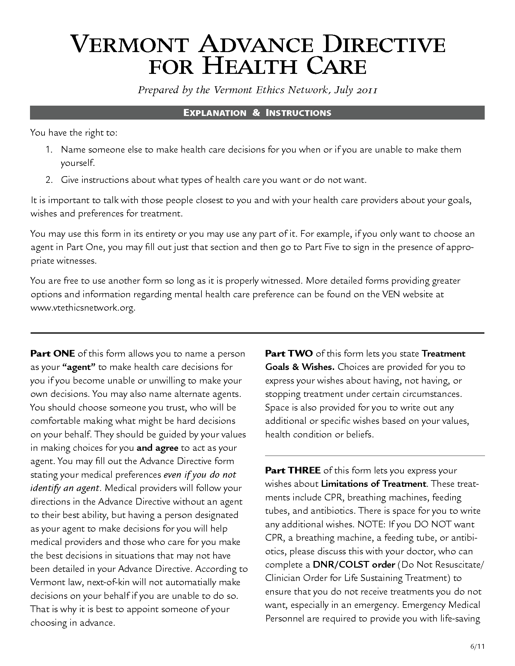 Free Vermont Advance Directive Form Template PDF EForms