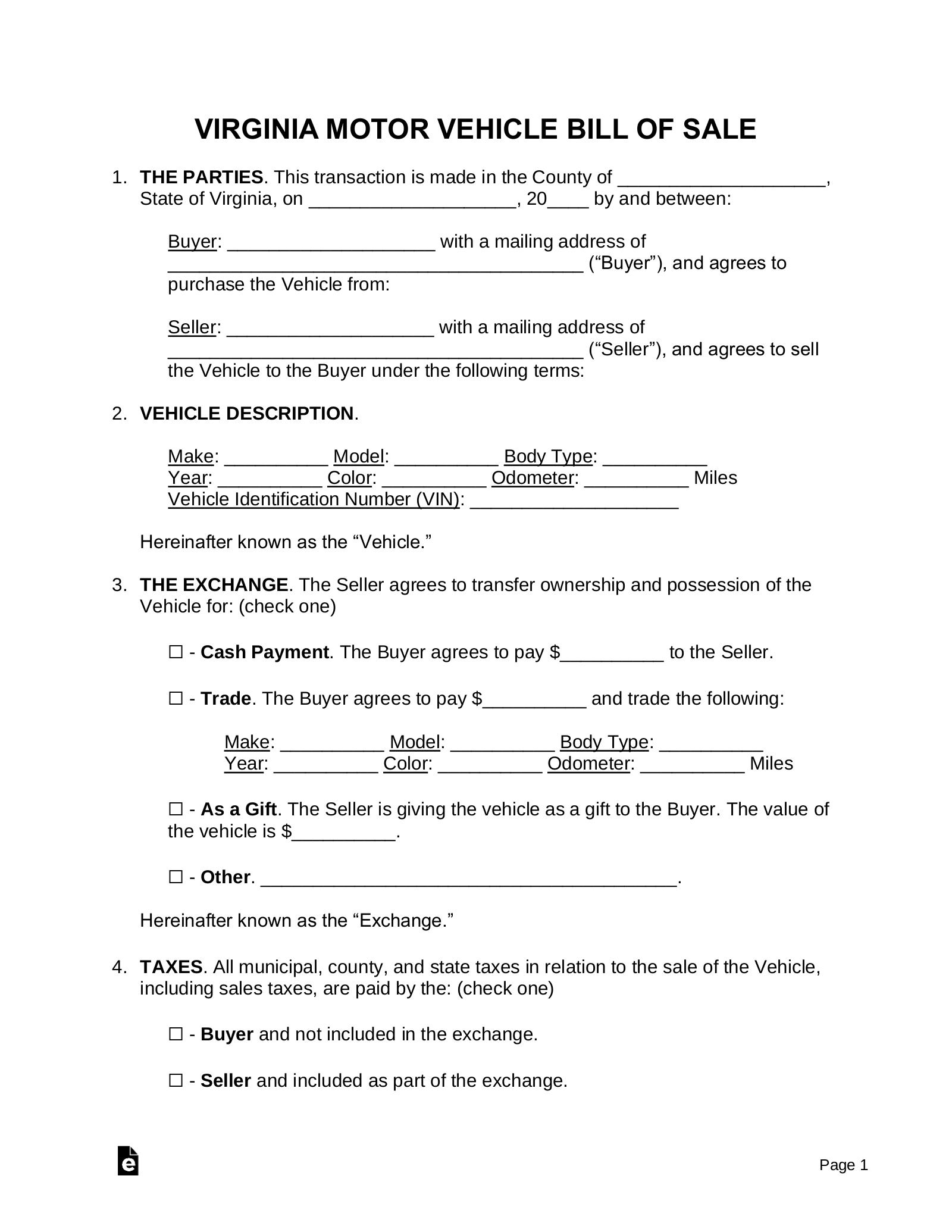 Free Virginia Motor Vehicle Bill Of Sale Form PDF Word EForms