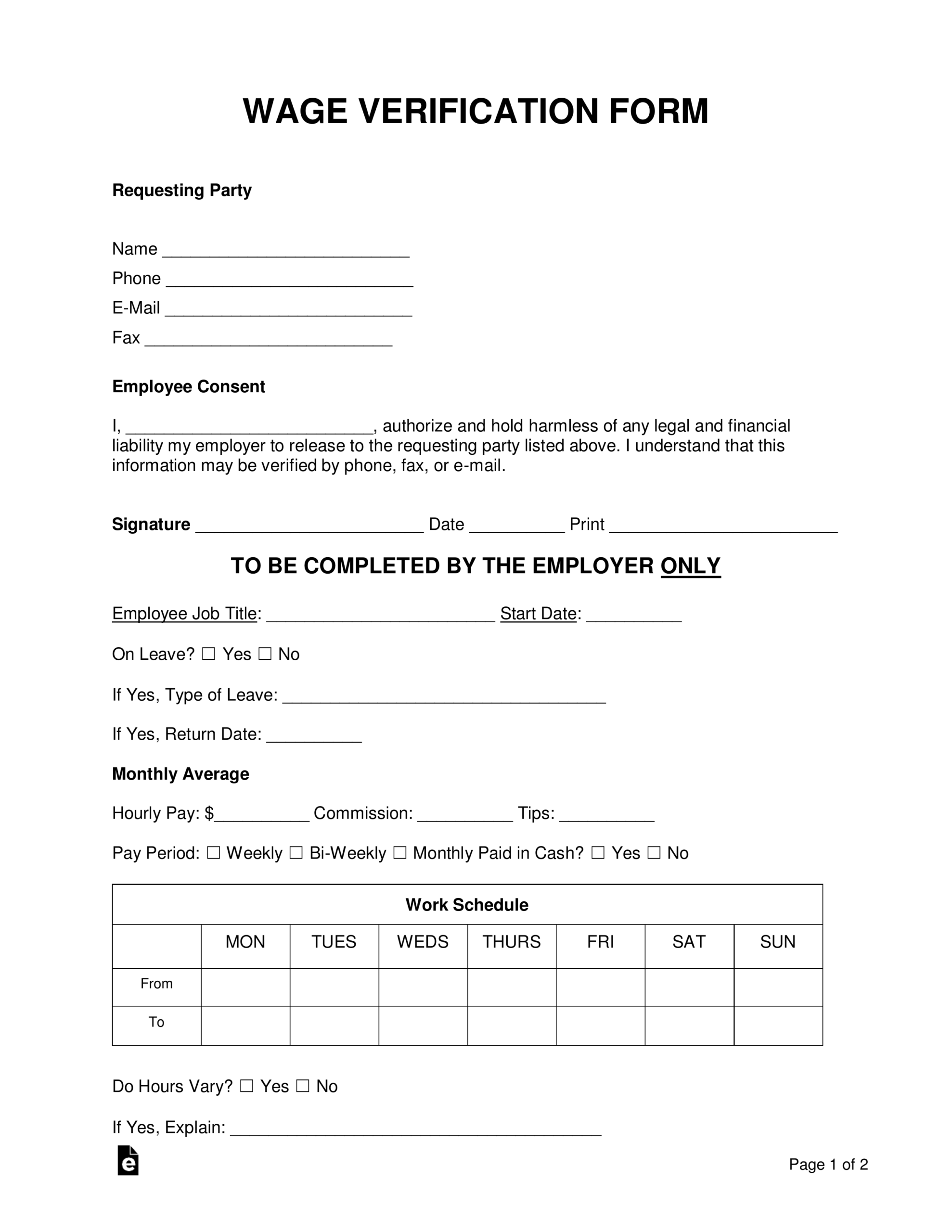Free Wage Verification Form PDF Word EForms