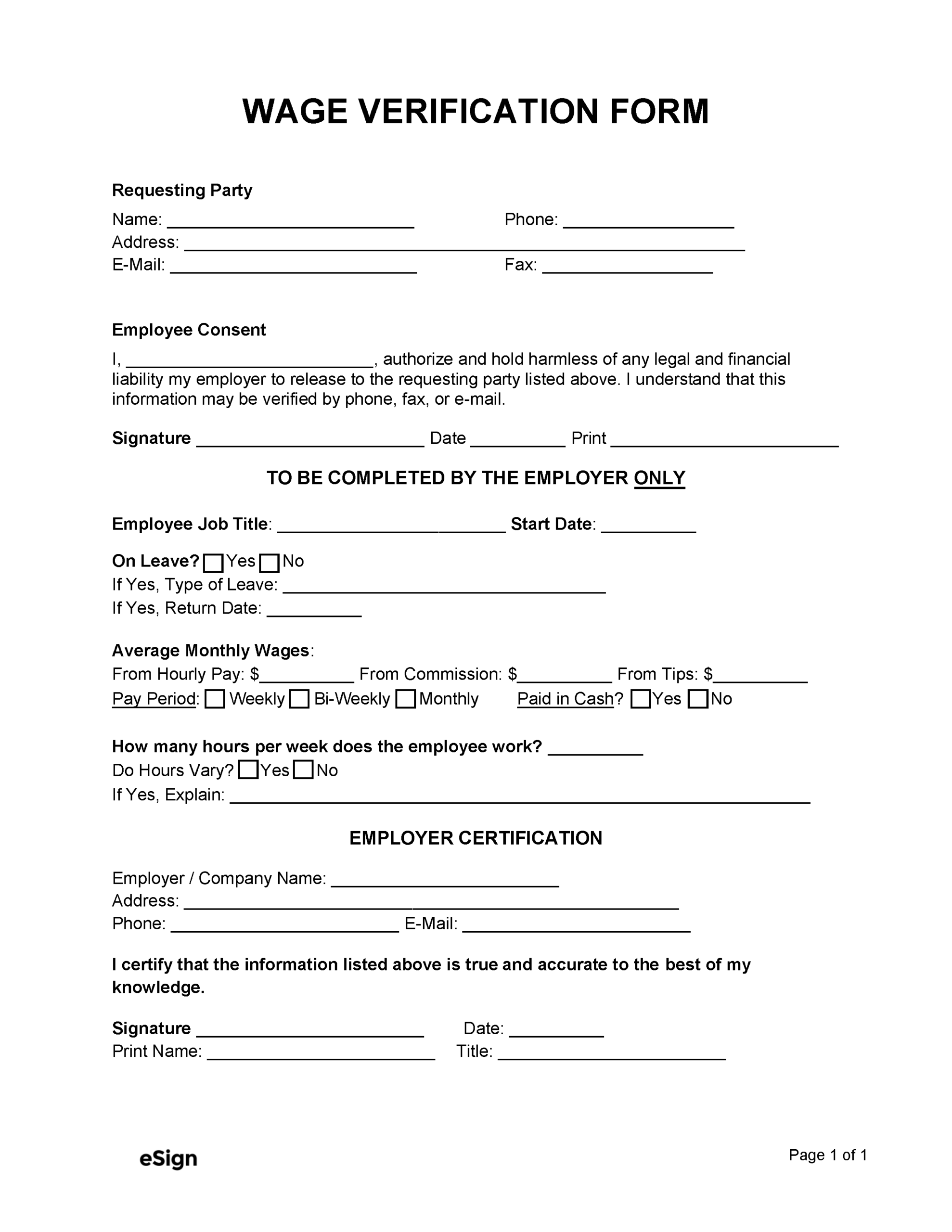 Free Wage Verification Form PDF Word