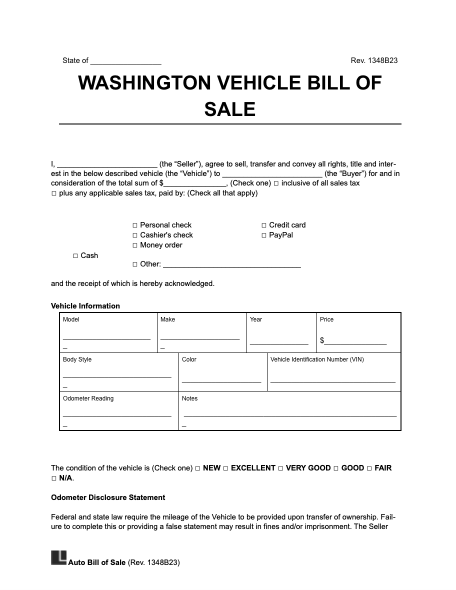 Free Washington Bill Of Sale Forms PDF U0026 Word