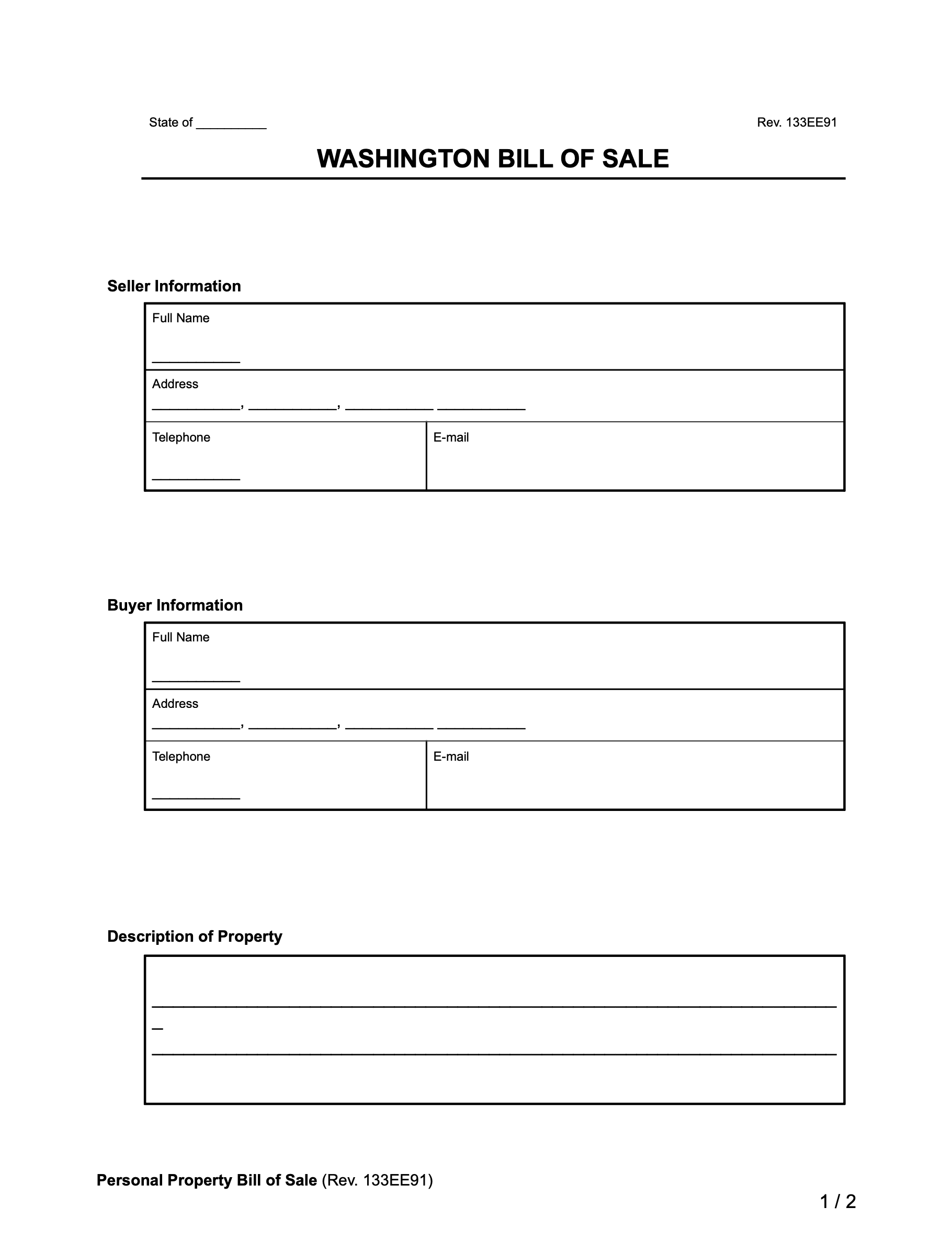 Free Washington Bill Of Sale Forms PDF U0026 Word