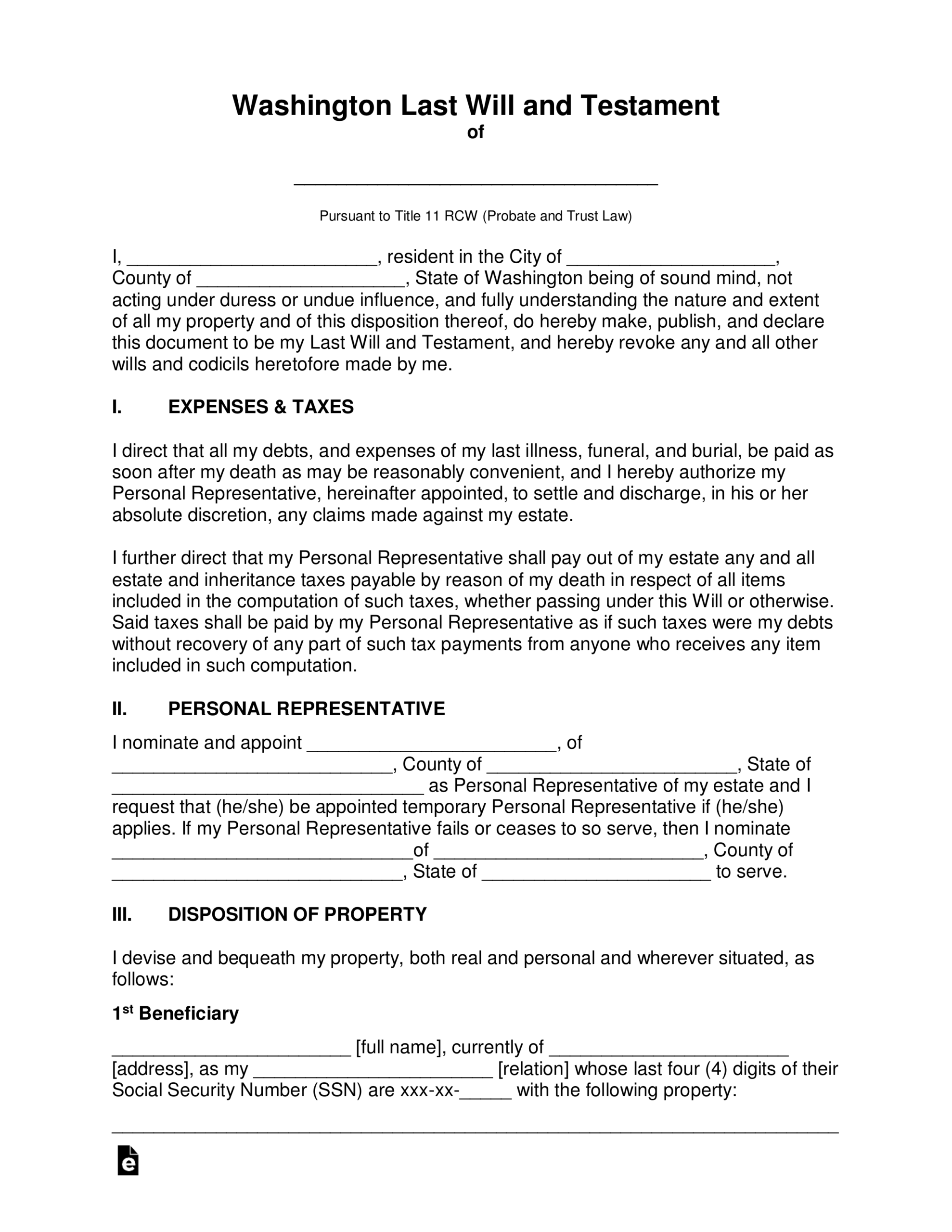 Free Washington Last Will And Testament Template PDF Word EForms