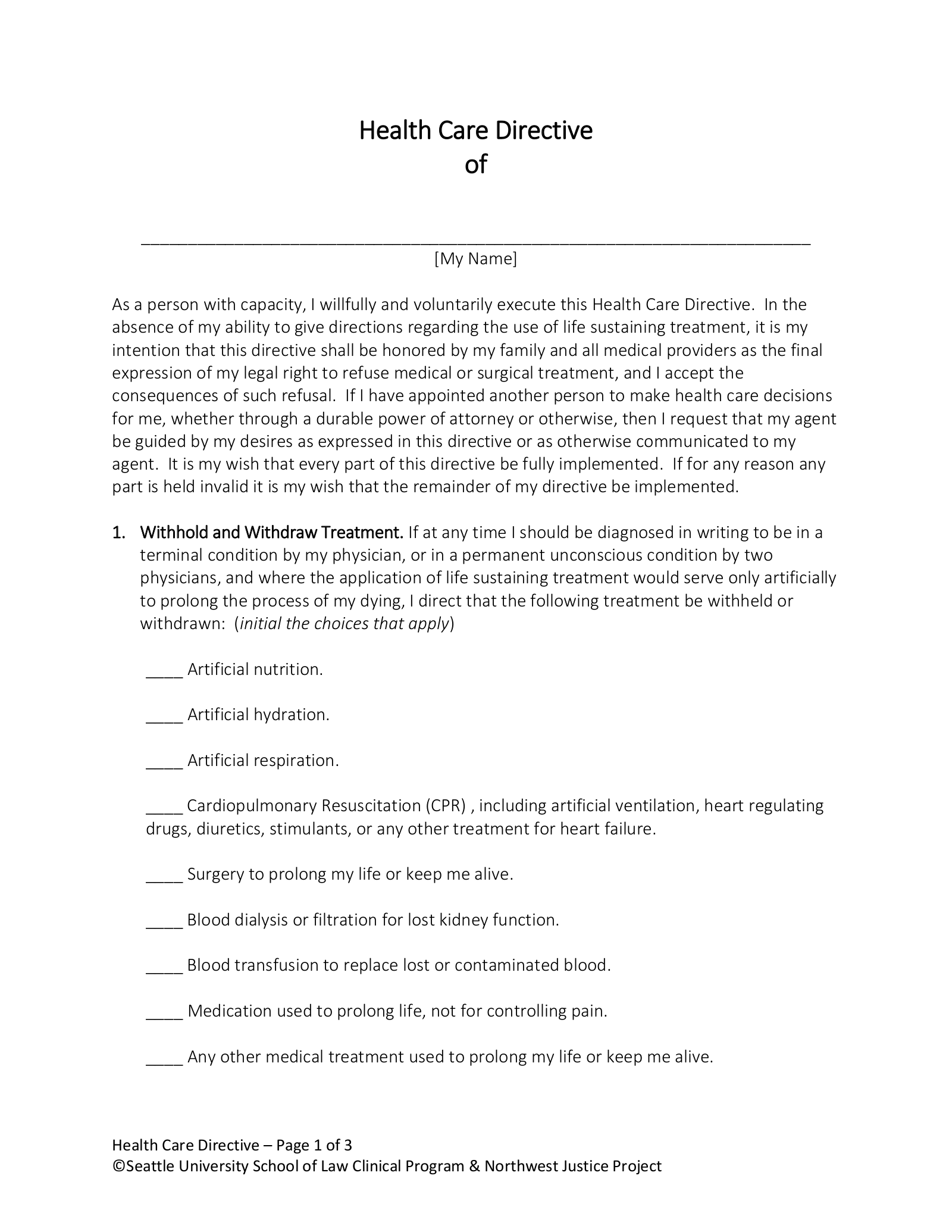 Free Washington Living Will Form Template PDF EForms