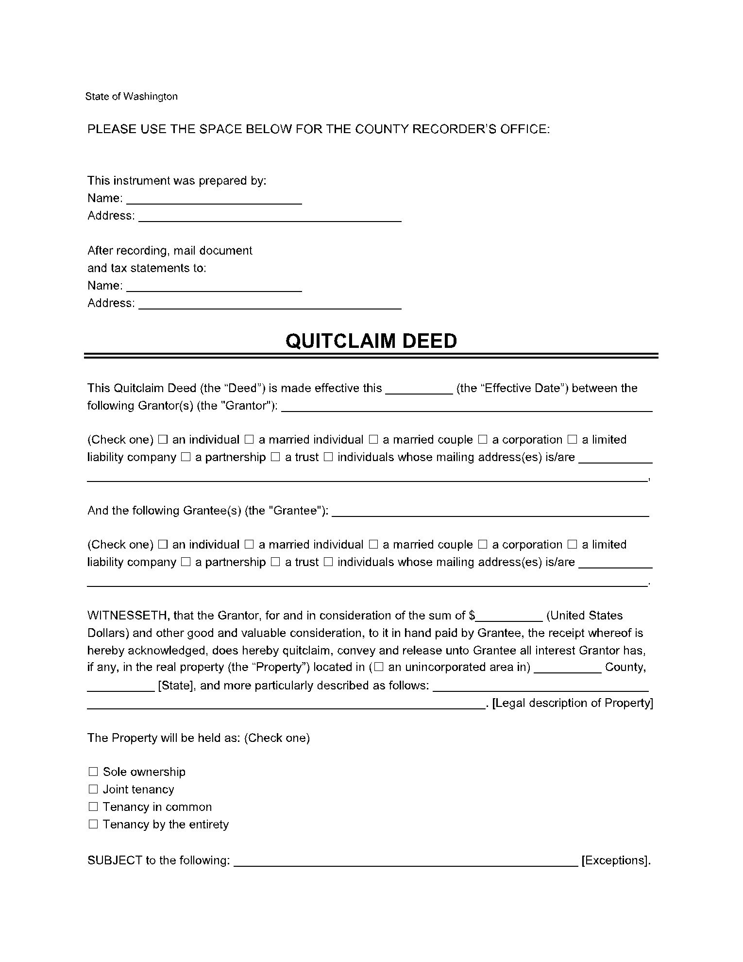 Free Washington Quit Claim Deed Form 2021 CocoSign