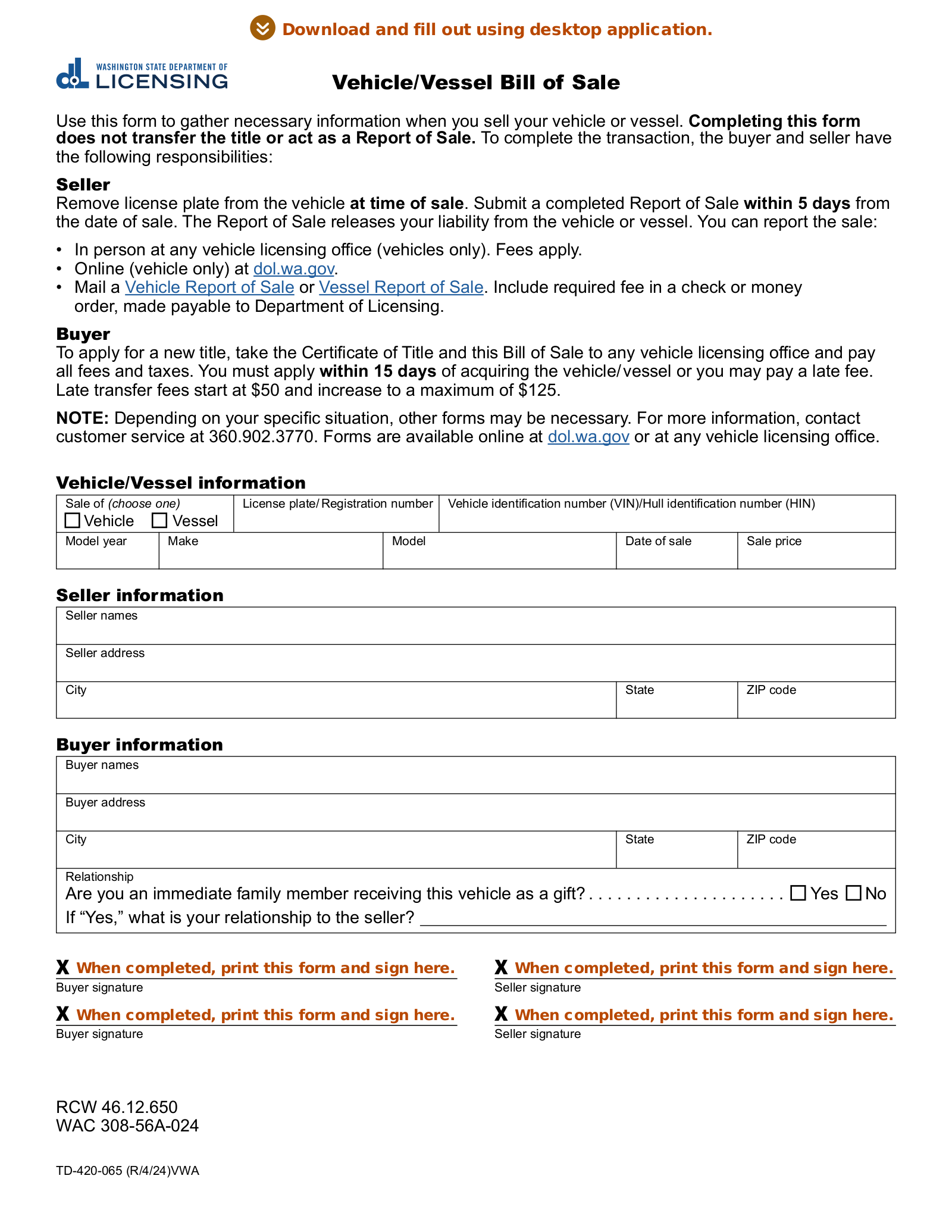 Free Washington Vehicle Boat Bill Of Sale Form PDF EForms