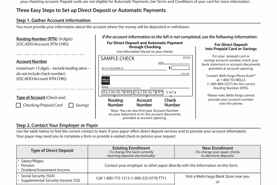 Free Wells Fargo Direct Deposit Form PDF EForms