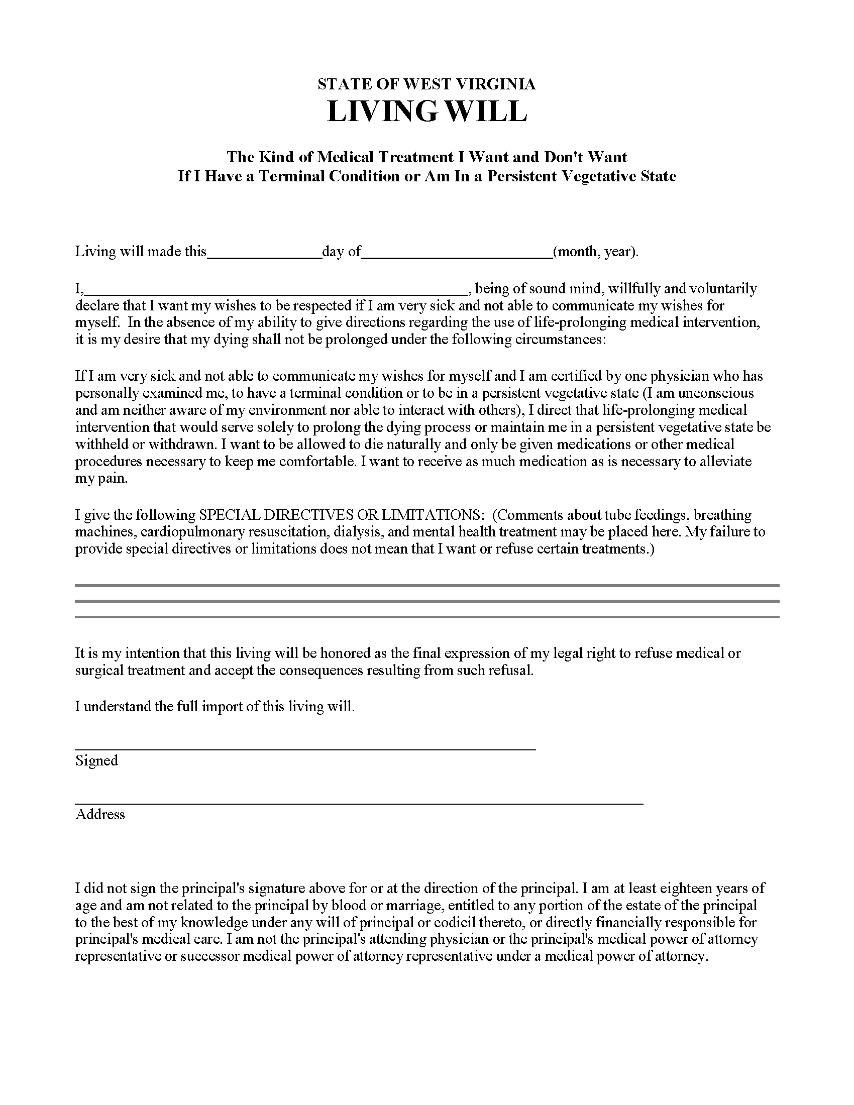 Free West Virginia Advance Directive Form Medical POA Living Will PDF