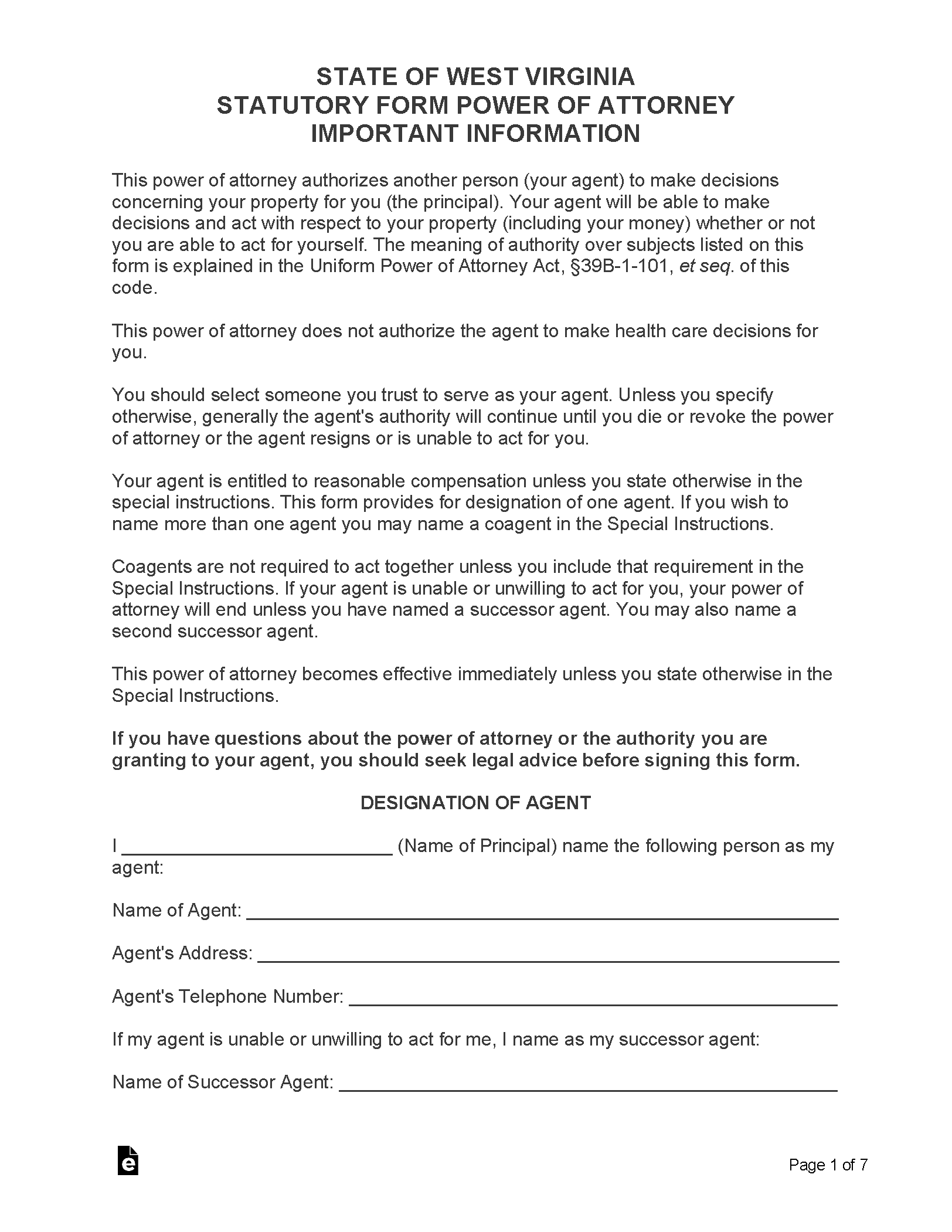 Free West Virginia Durable Financial Power Of Attorney Form PDF