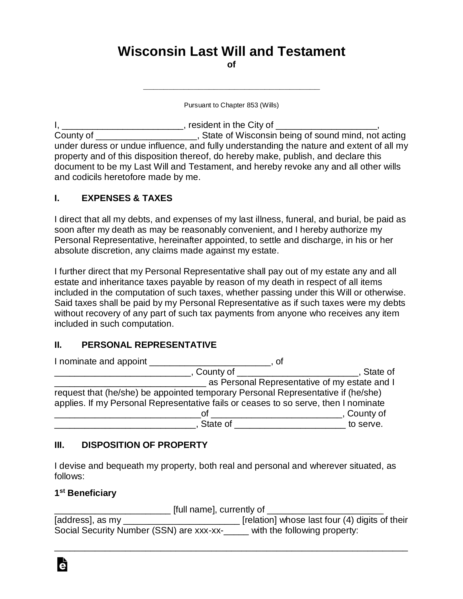 Free Wisconsin Last Will And Testament Template PDF Word EForms