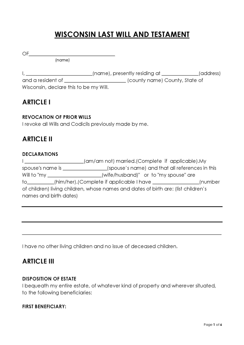 Free Wisconsin Last Will And Testament Templates Word PDF 