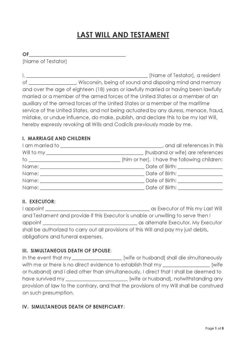 Free Wisconsin Last Will And Testament Templates Word PDF 