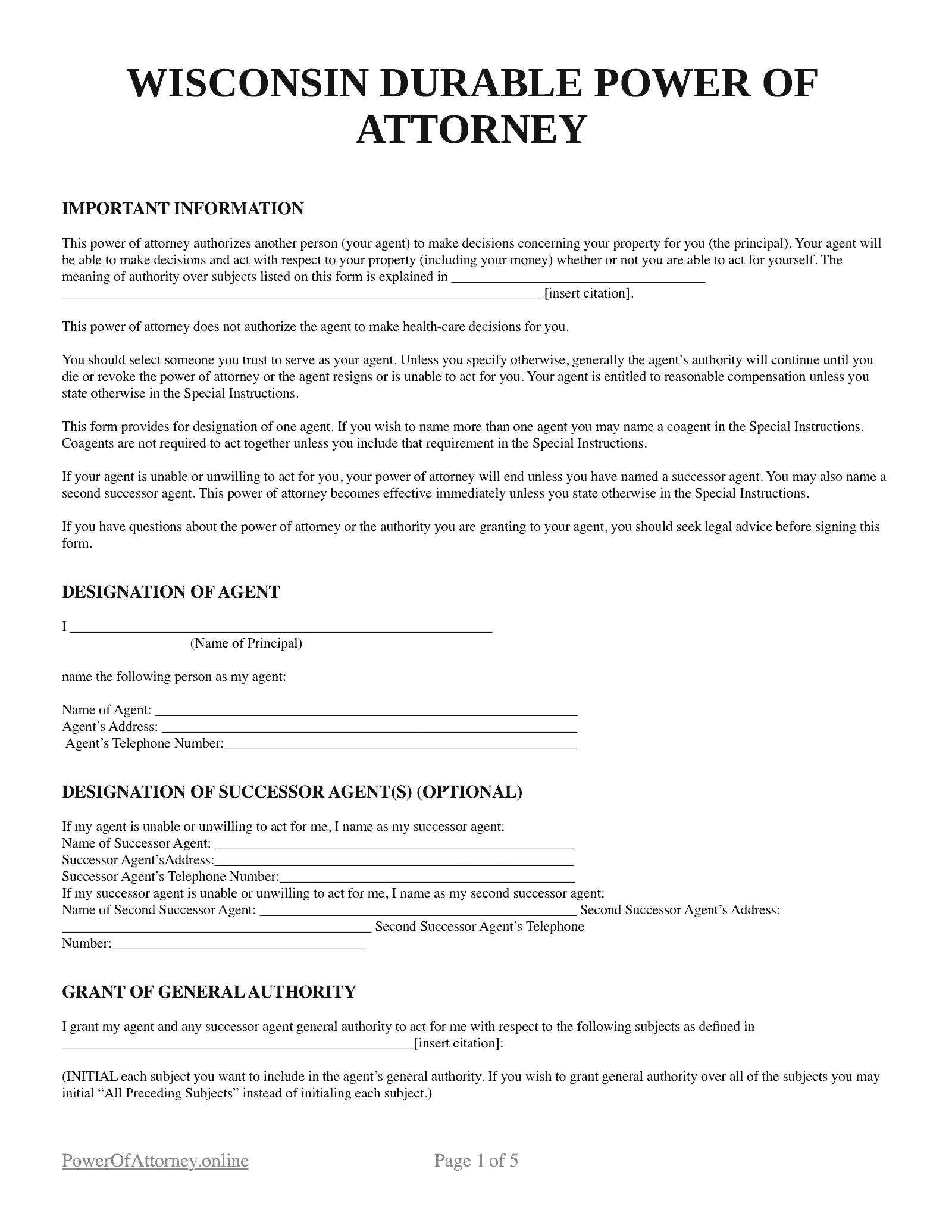 Free Wisconsin WI Power Of Attorney Forms U0026 Templates PDF