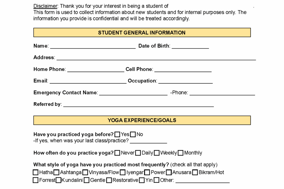 Free Yoga Client Intake Form PDF Word