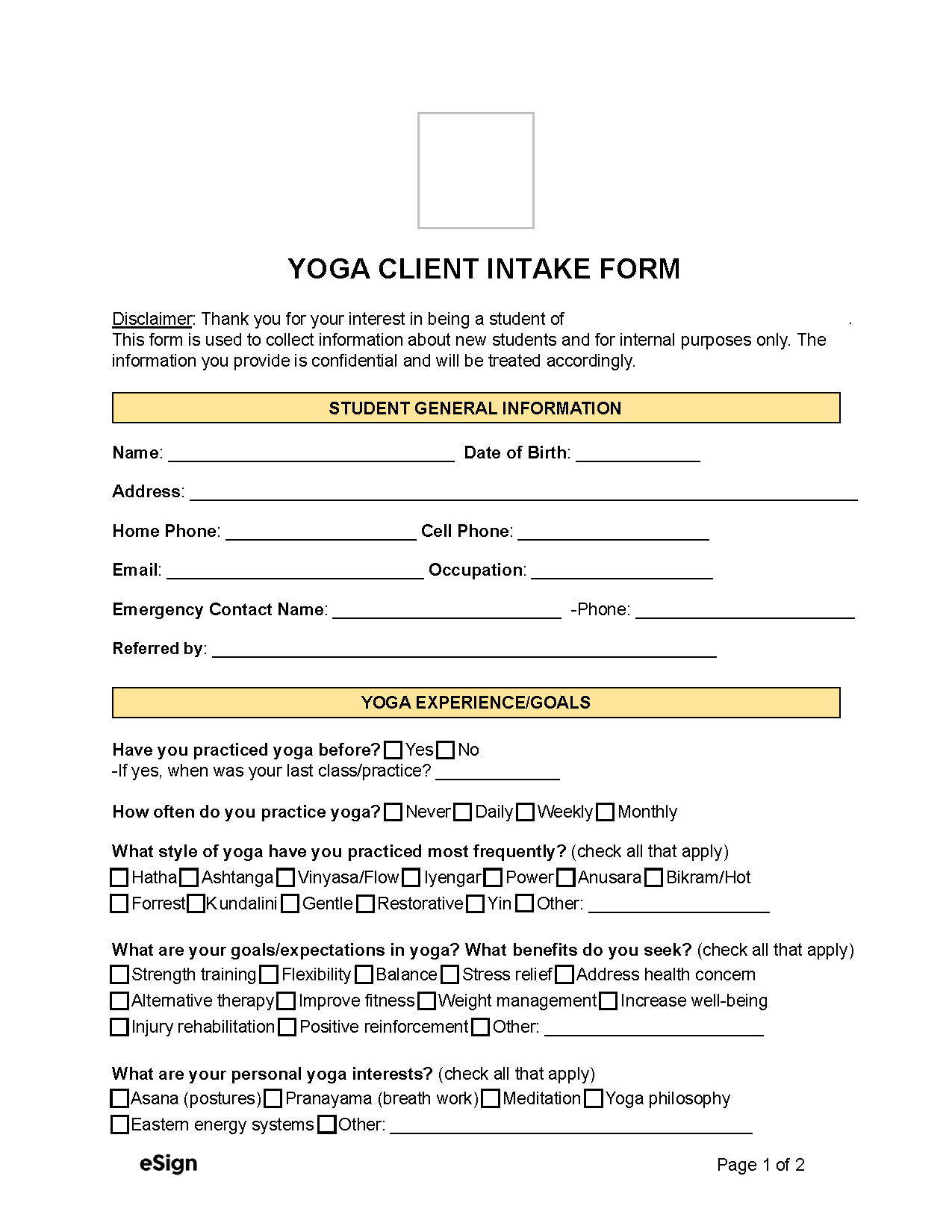 Free Yoga Client Intake Form PDF Word