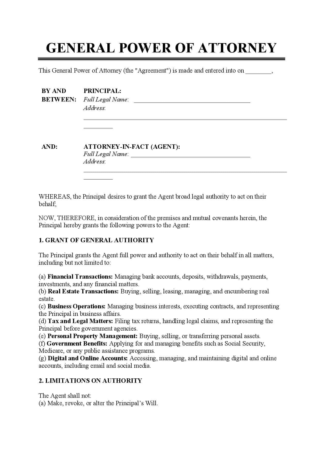General Power Of Attorney Template Free Download Easy Legal Docs