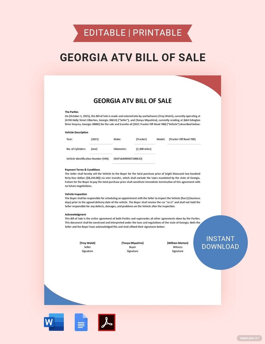 Georgia ATV Bill Of Sale Form Template In PDF Word Google Docs 