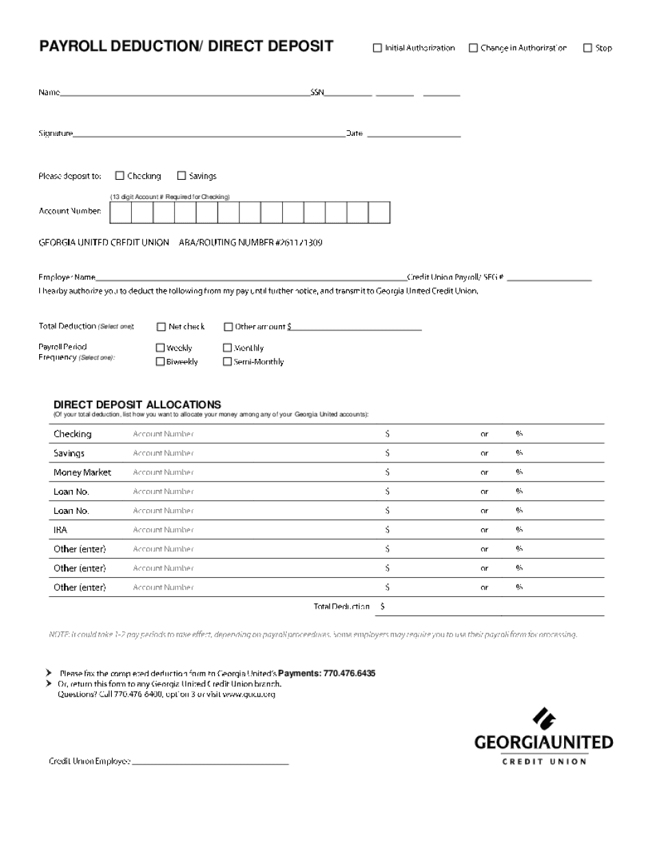 Georgia United Credit Union Direct Deposit Form Fill Online Printable Fillable Blank