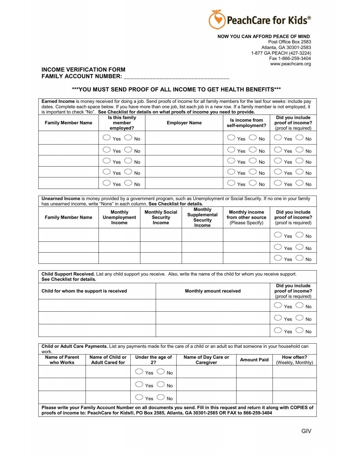 GIV INCOME VERIFICATION FORM FAMILY ACCOUNT NUMBER 