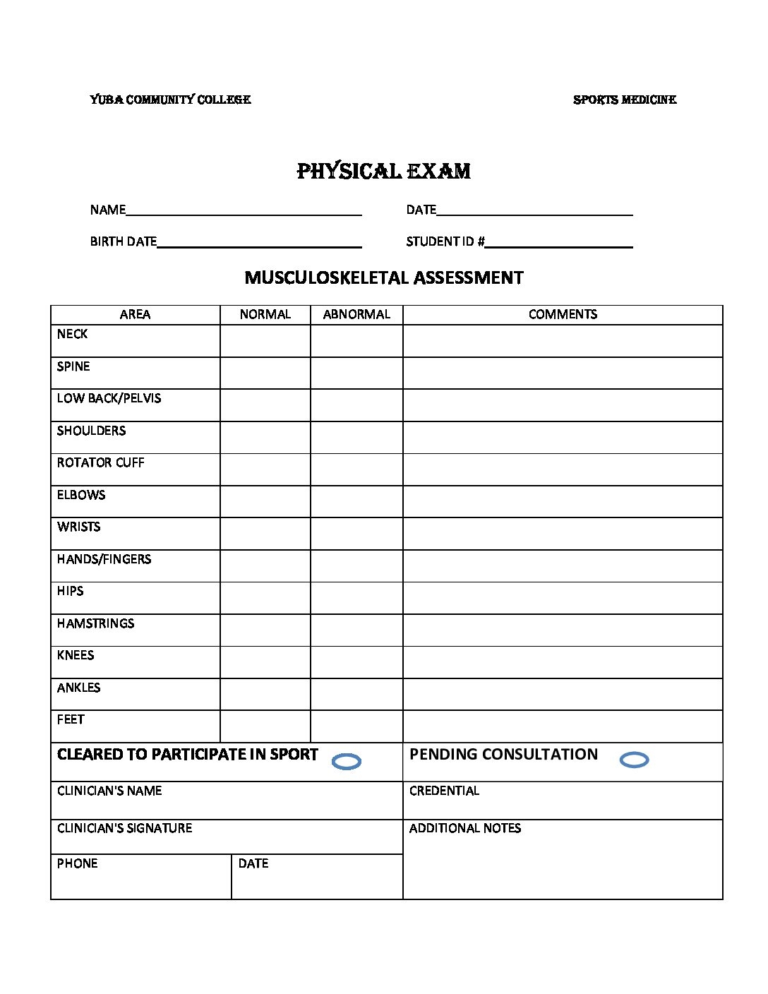 GMUSCULOSKELETAL PHYSICAL FORM Yuba College Athletics