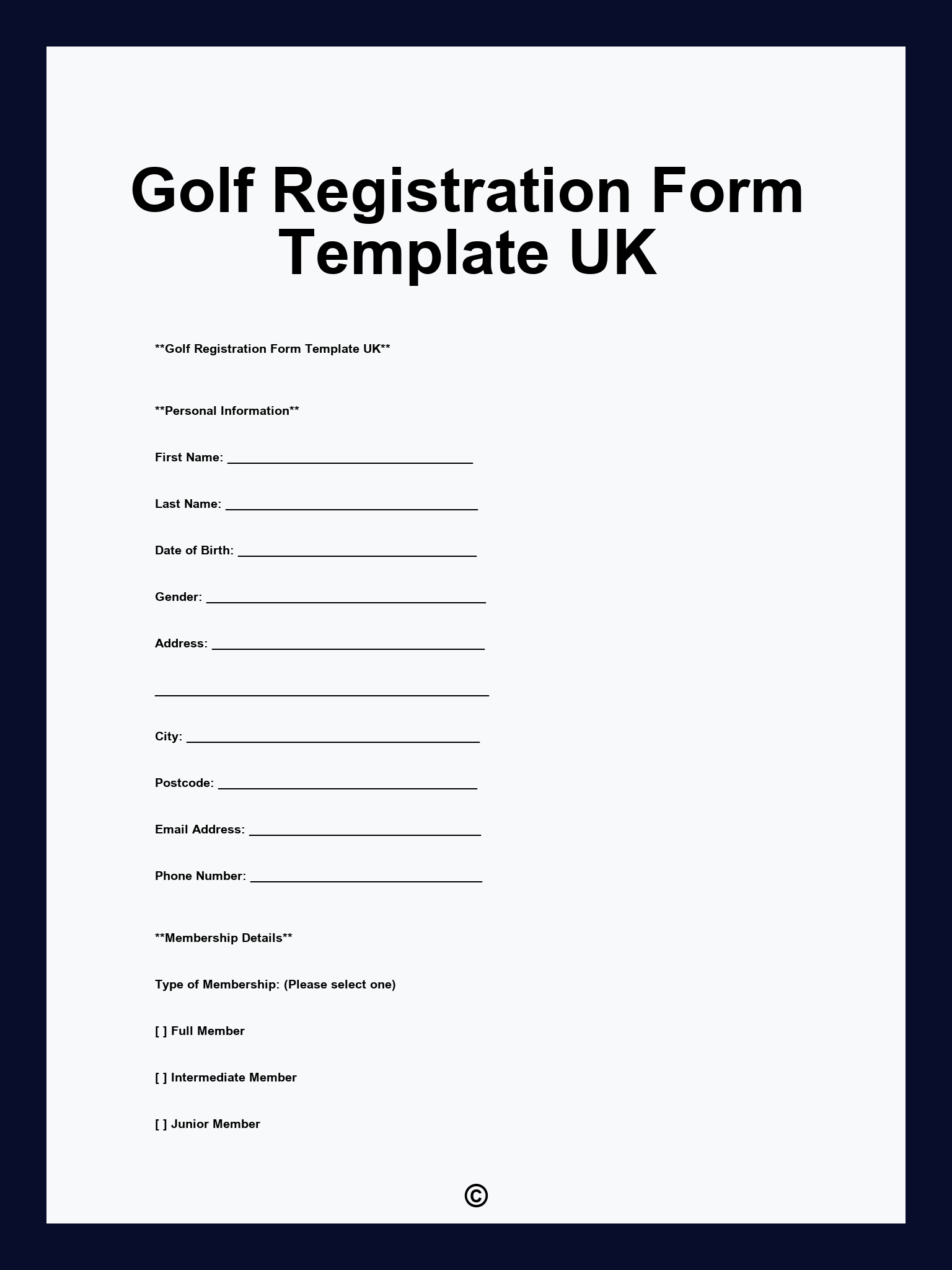 Golf Registration Form Template UK