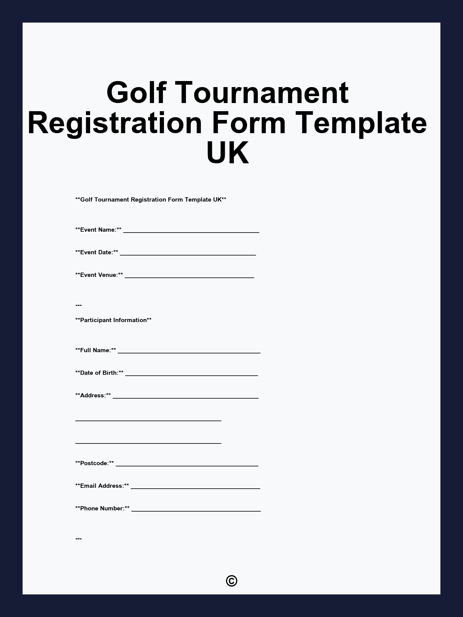 Golf Tournament Registration Form Template UK