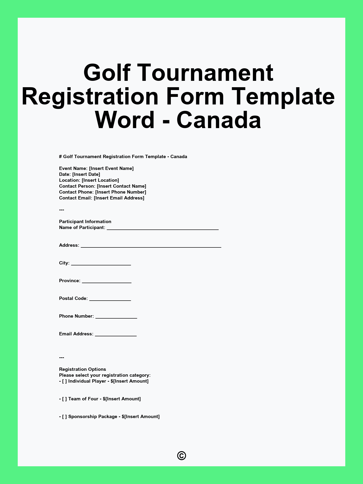 Golf Tournament Registration Form Template Word Canada