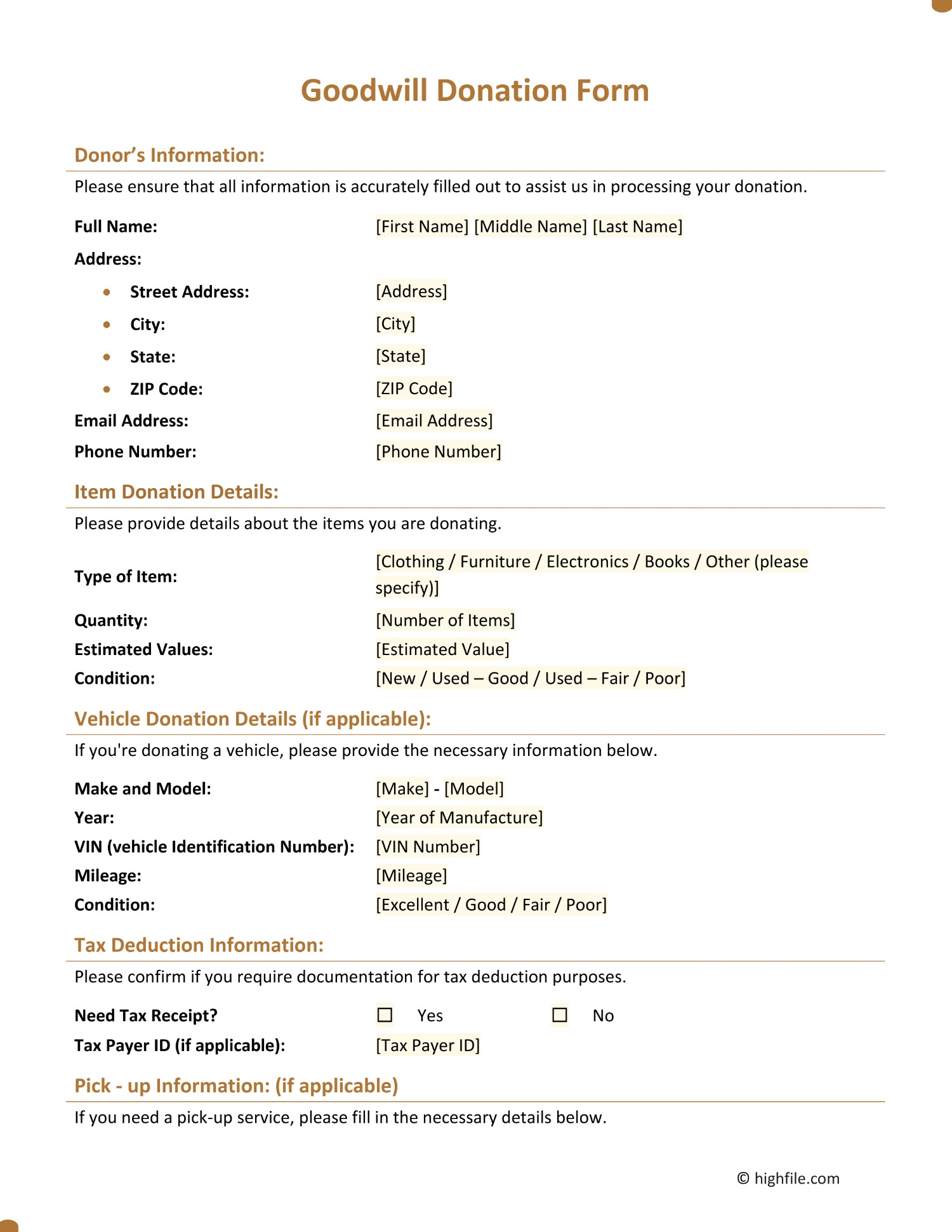Goodwill Donation Form Template Word PDF Google Docs Highfile