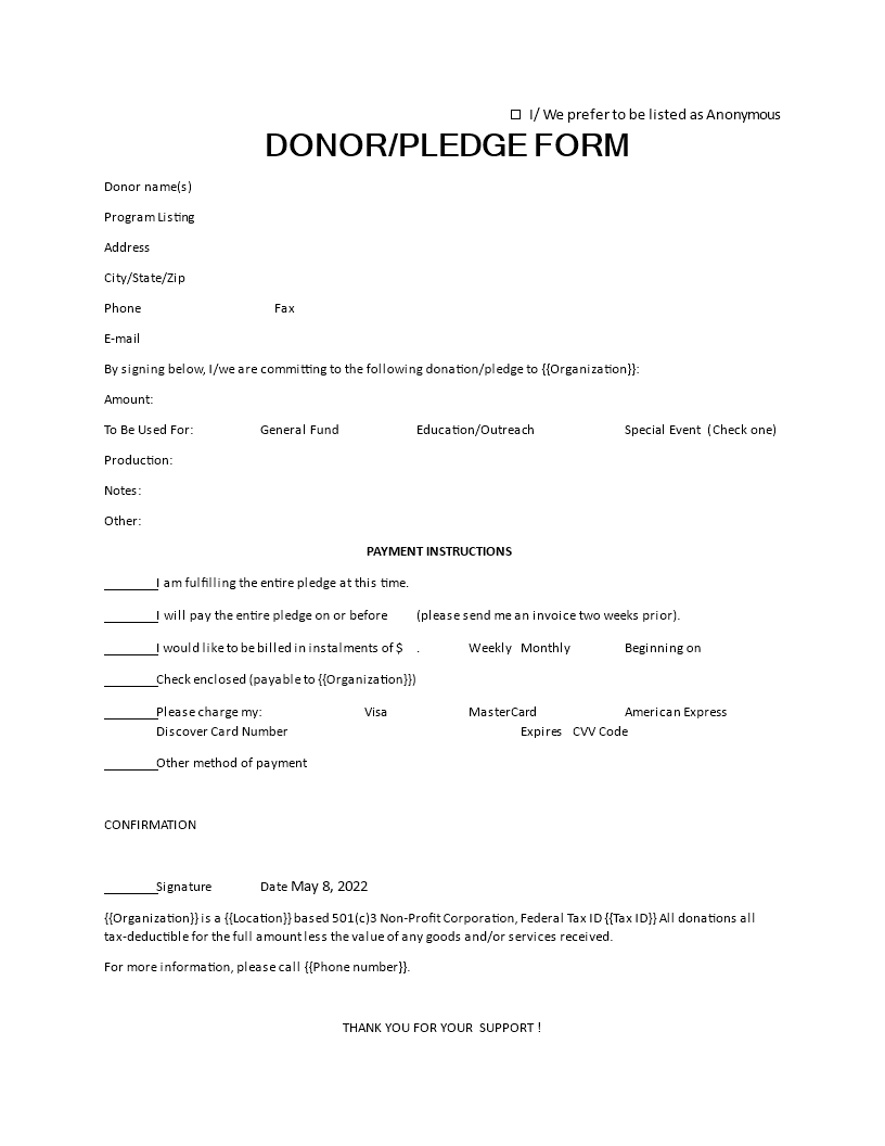 Gratis ACLU Pledge Form Template