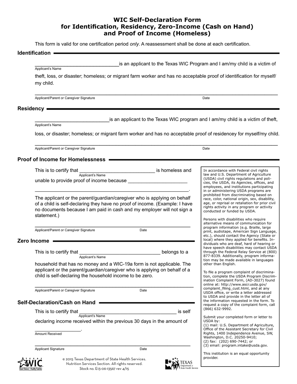 Harris County Texas Wic Self declaration Form For Identification Residency Zero Income Cash On Hand And Proof Of Income Homeless Fill Out Sign Online And Download PDF Templateroller