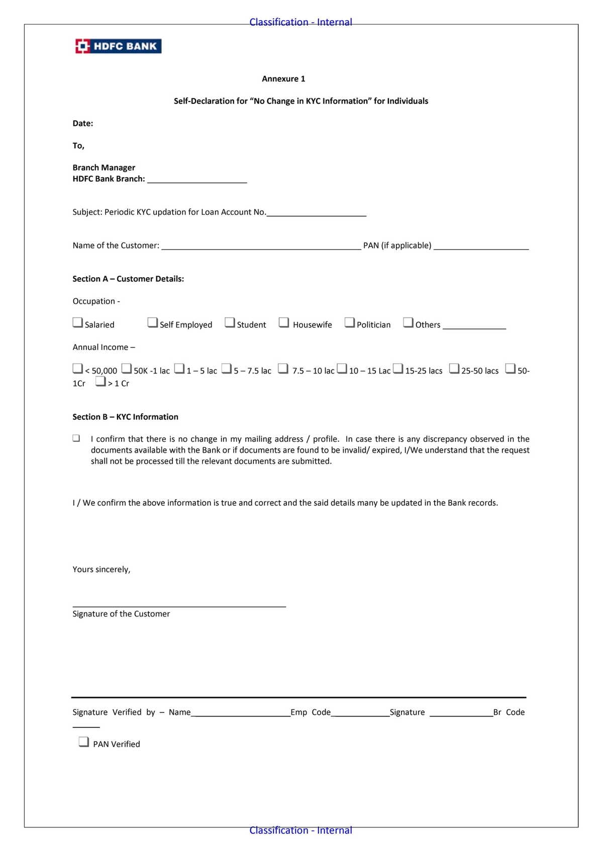 HDFC Bank Self Declaration Form For 