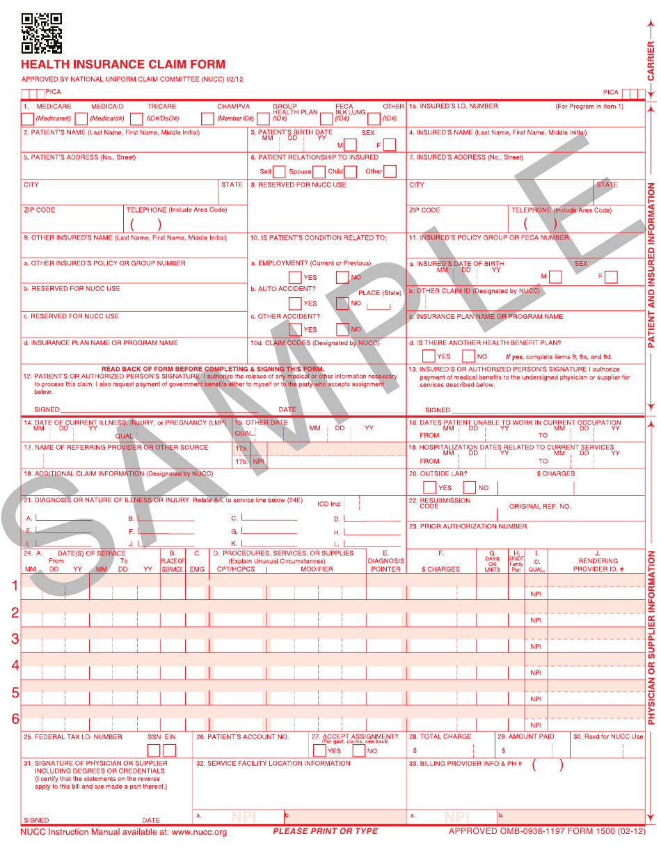 Health Insurance Claim Form 1500 One Part CMS 1500 Continuous Claim Form Cms 1500 Claims Forms