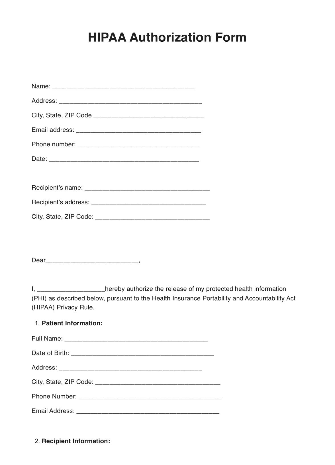 HIPAA Authorization Form U0026 Example Free PDF Download