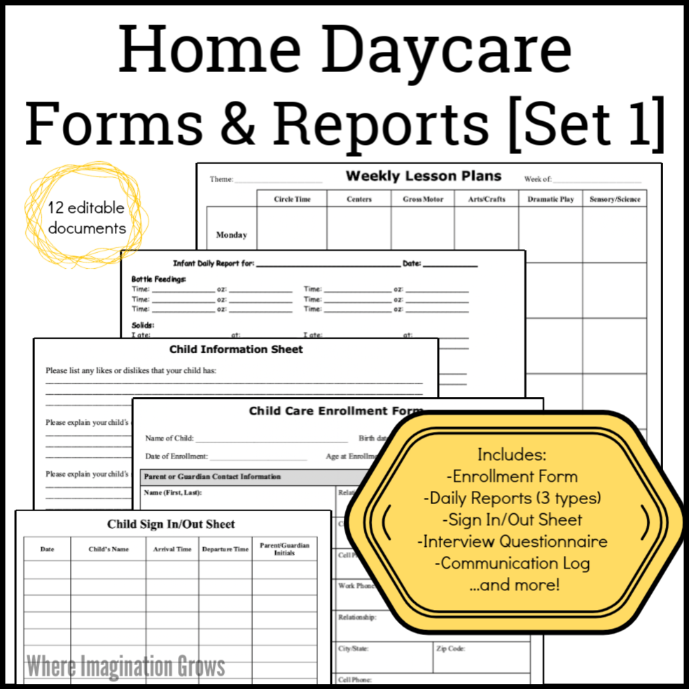 Home Daycare Forms U0026 Reports Set 1 Where Imagination Grows