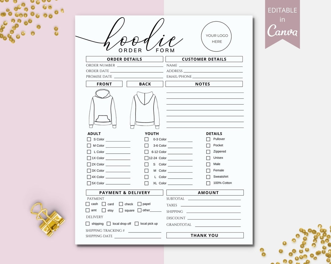 Hoodie Order Form Template Hoodie Small Business Editable Order Forms Shirt Order Form Printable Business Canva Template DTP 004 Etsy