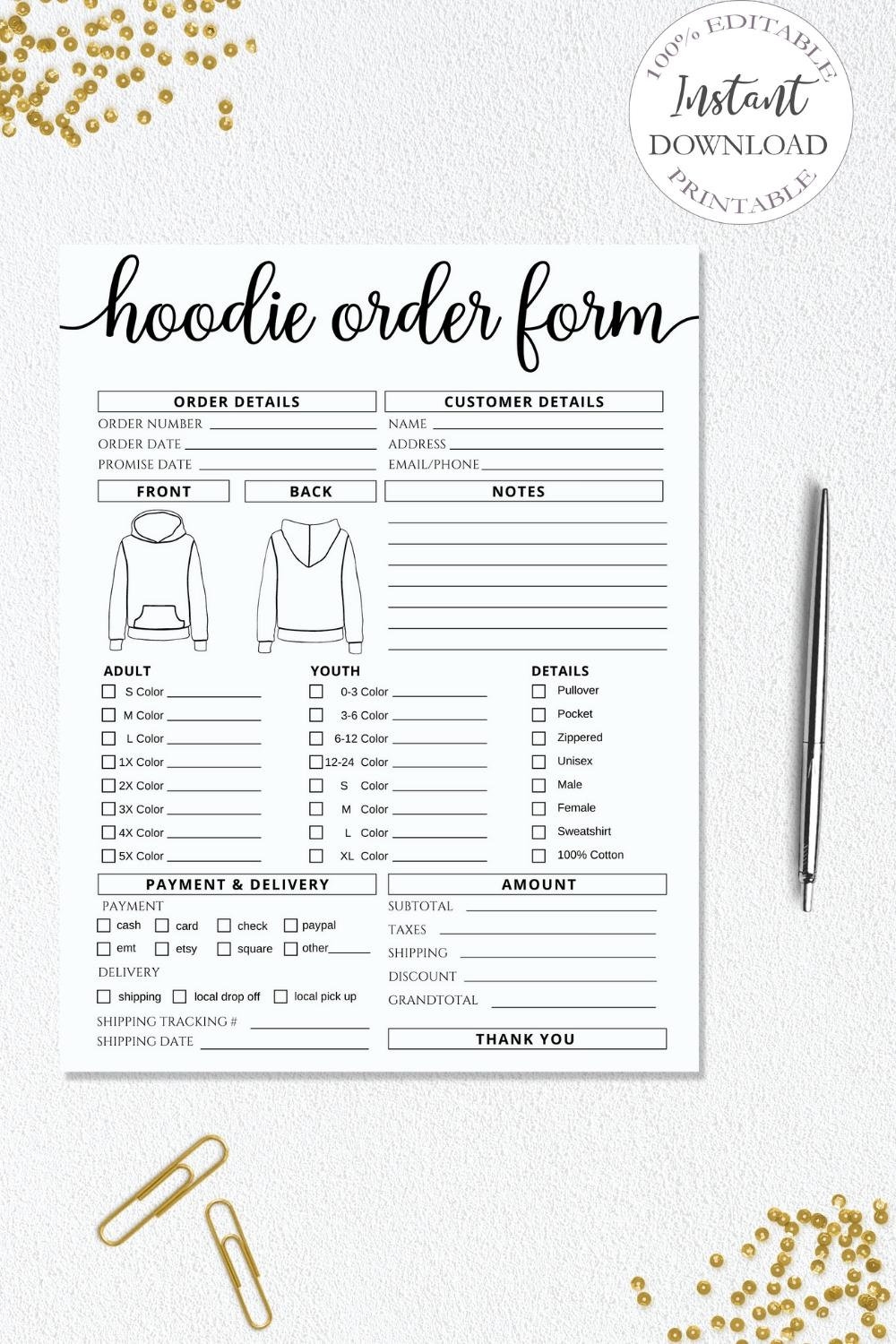 Hoodie Order Form Template I Editable Canva Invoice Template I T 