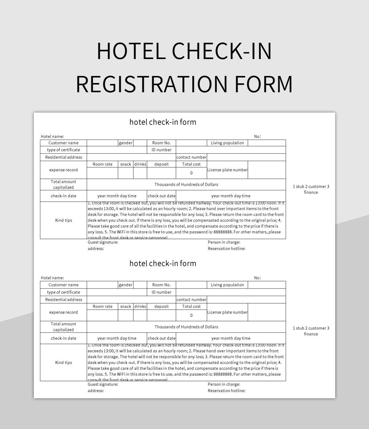 Hotel Check in Registration Form Excel Template And Google Sheets 