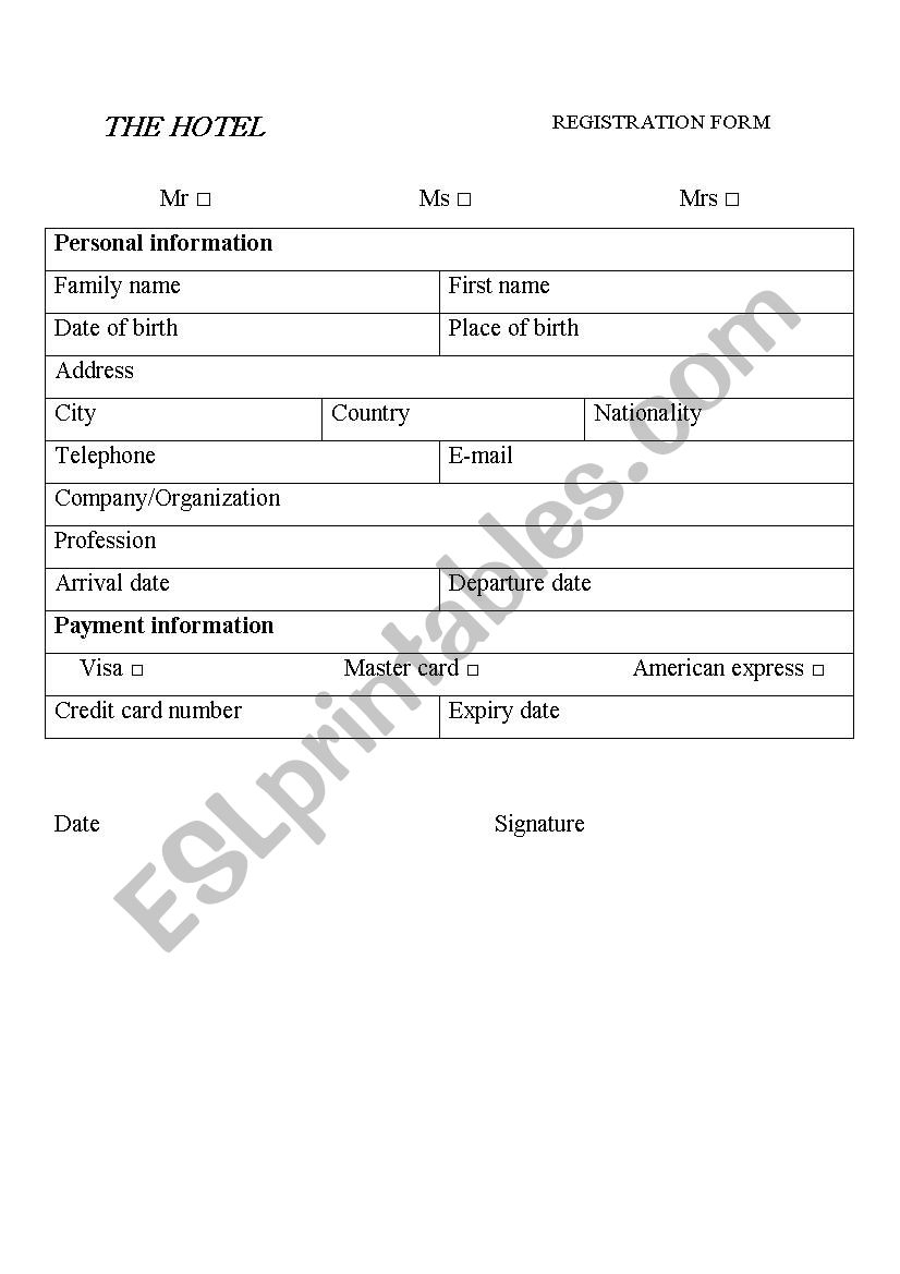 Hotel Registration Form ESL Worksheet By Nastyasteel