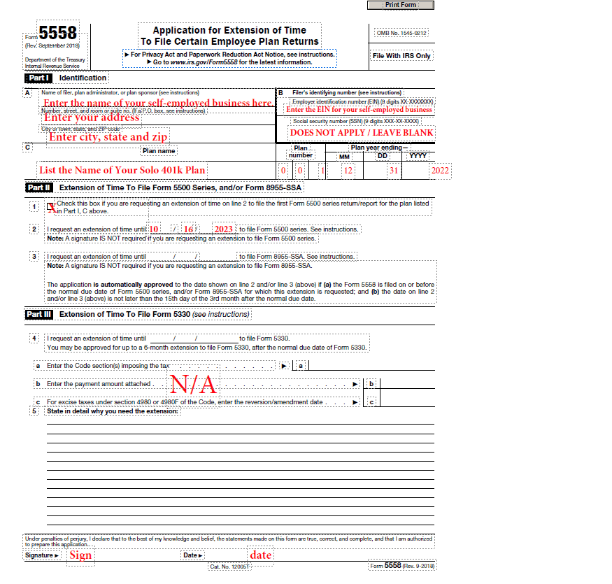 How To Fill Out 2022 Form 5558 Application For Extension Of Time To File Form 5500 EZ My Solo 401k Financial