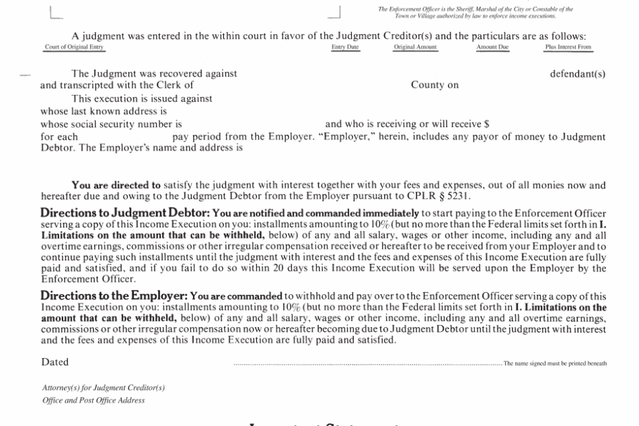 Income Execution Form New York Printable Blank PDF Online