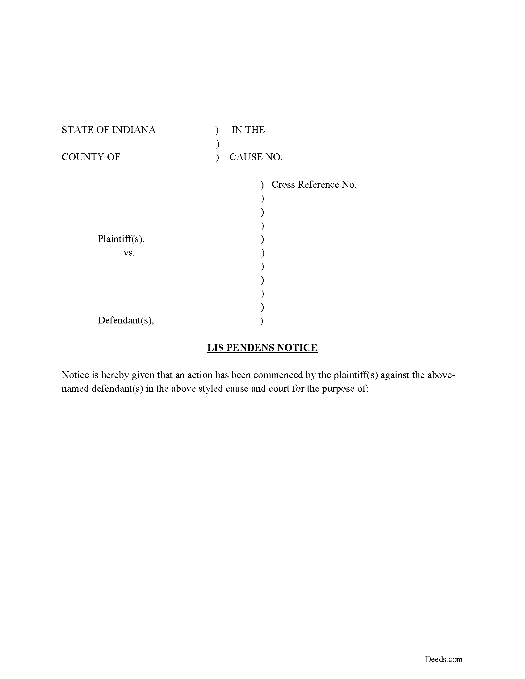 Indiana Lis Pendens Notice Forms Deeds