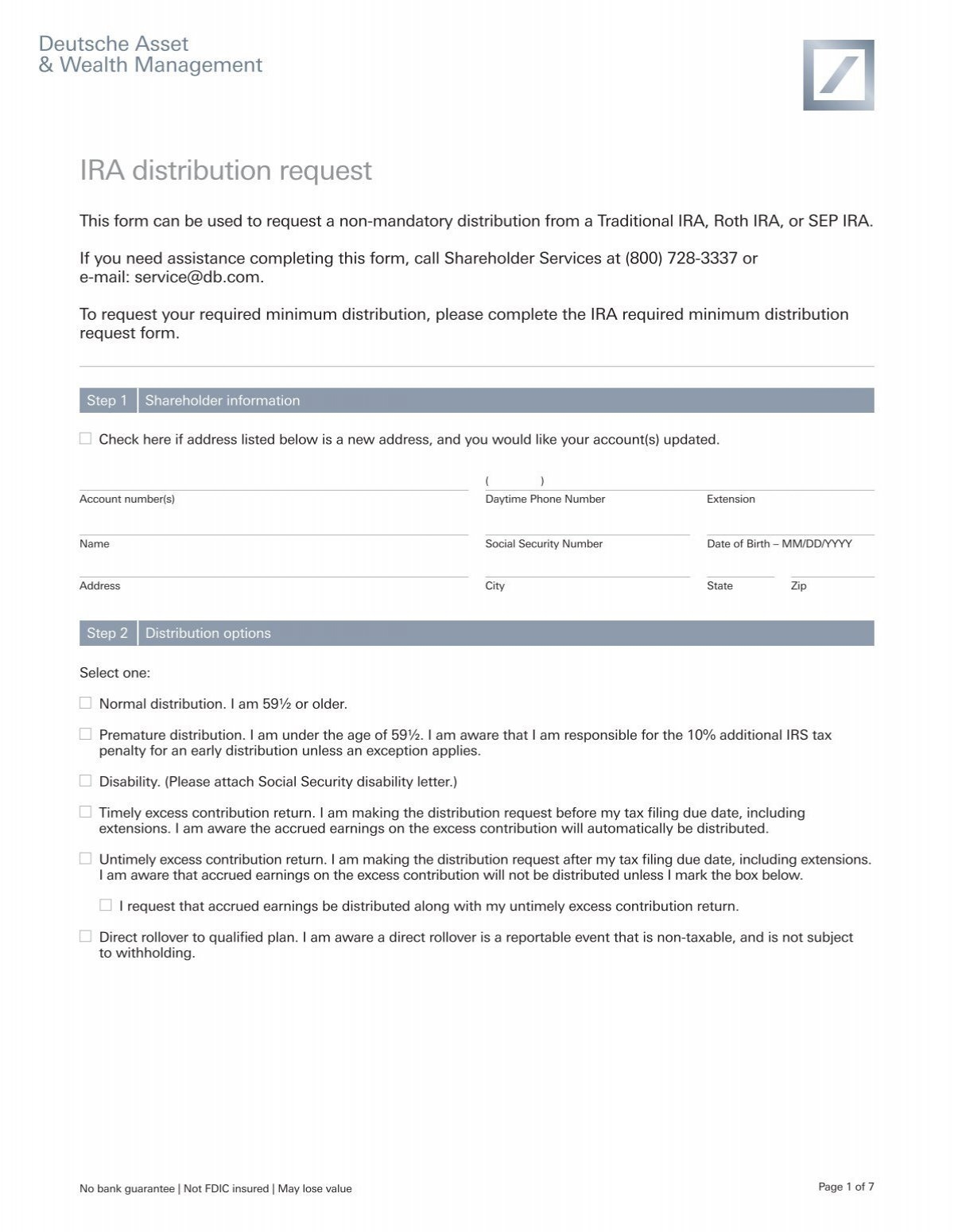 IRA Distribution Request Form DWS Investments