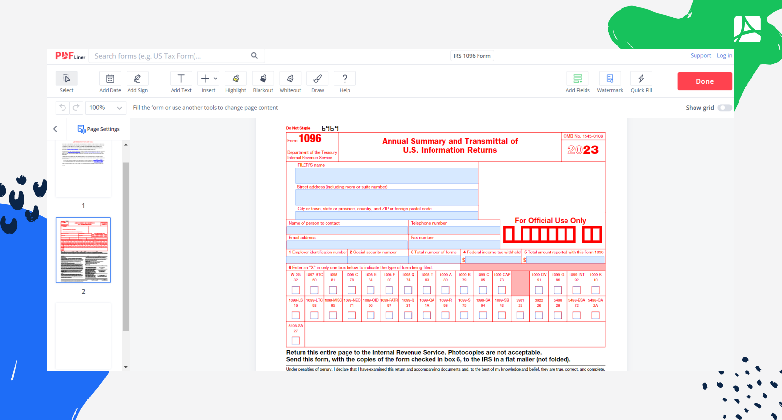 IRS 1096 Form 2024 Printable Blank Sign Forms Online PDFliner
