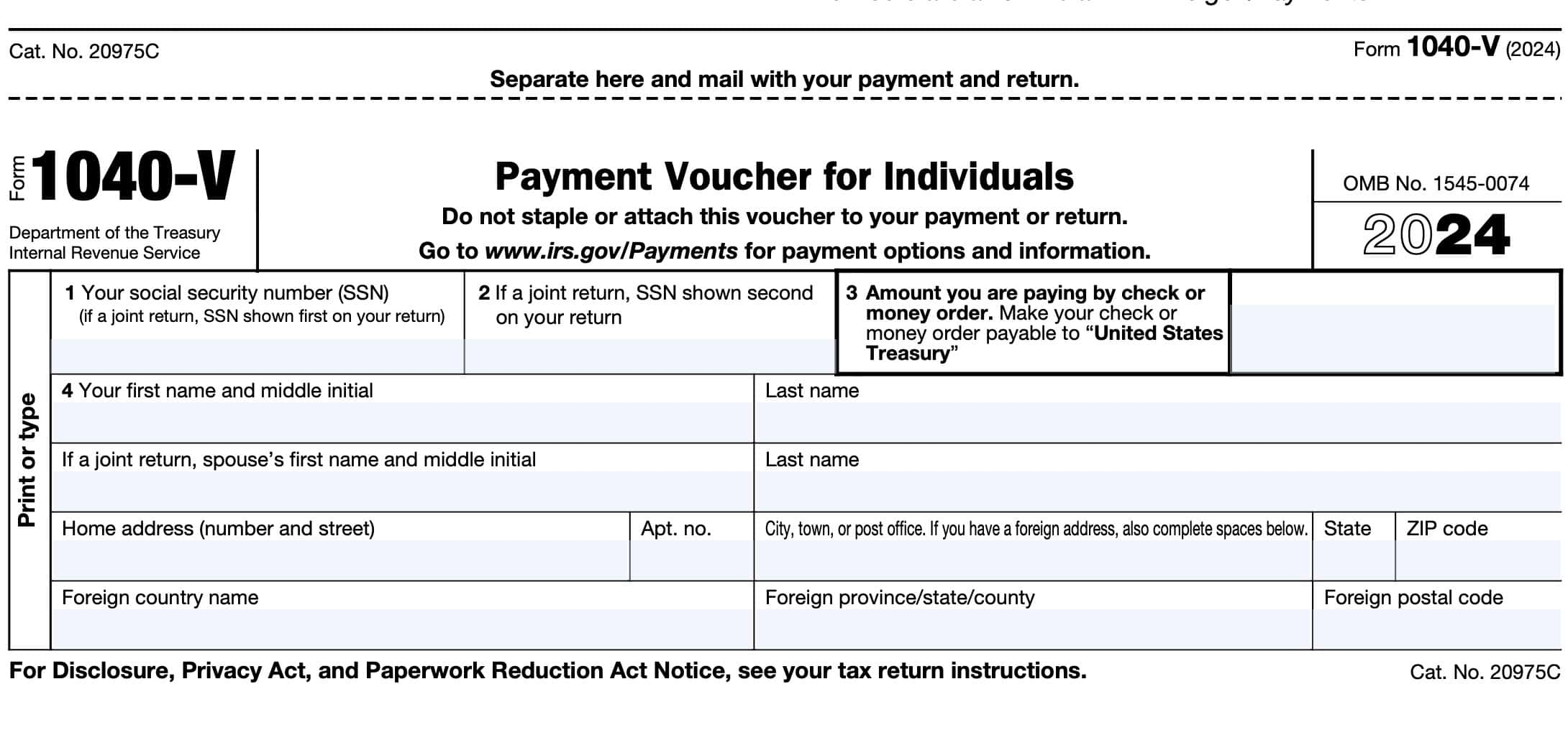 IRS Form 1040 V Instructions Tax Payment Voucher