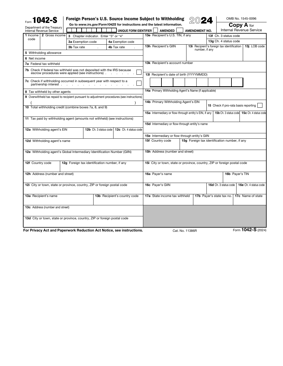 IRS Form 1042 S Download Fillable PDF Or Fill Online Foreign Person s U S Source Income Subject To Withholding 2024 Templateroller