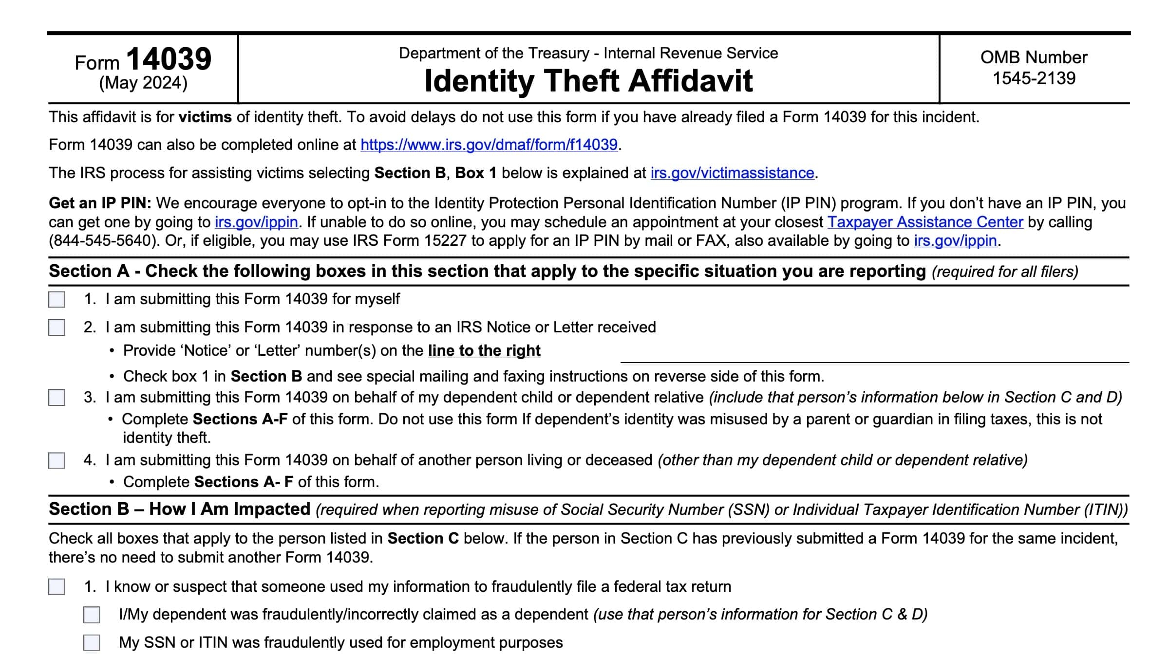 IRS Form 14039 Instructions Your Identity Theft Affidavit