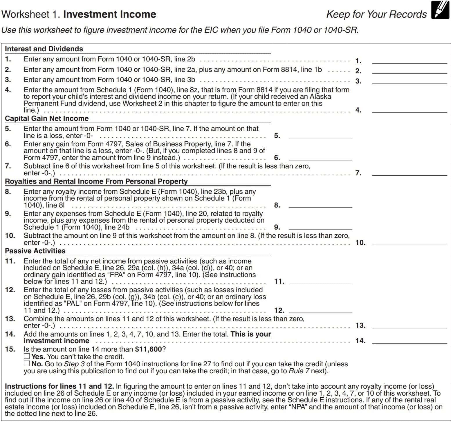 IRS Form 15111 Instructions Earned Income Credit Worksheet