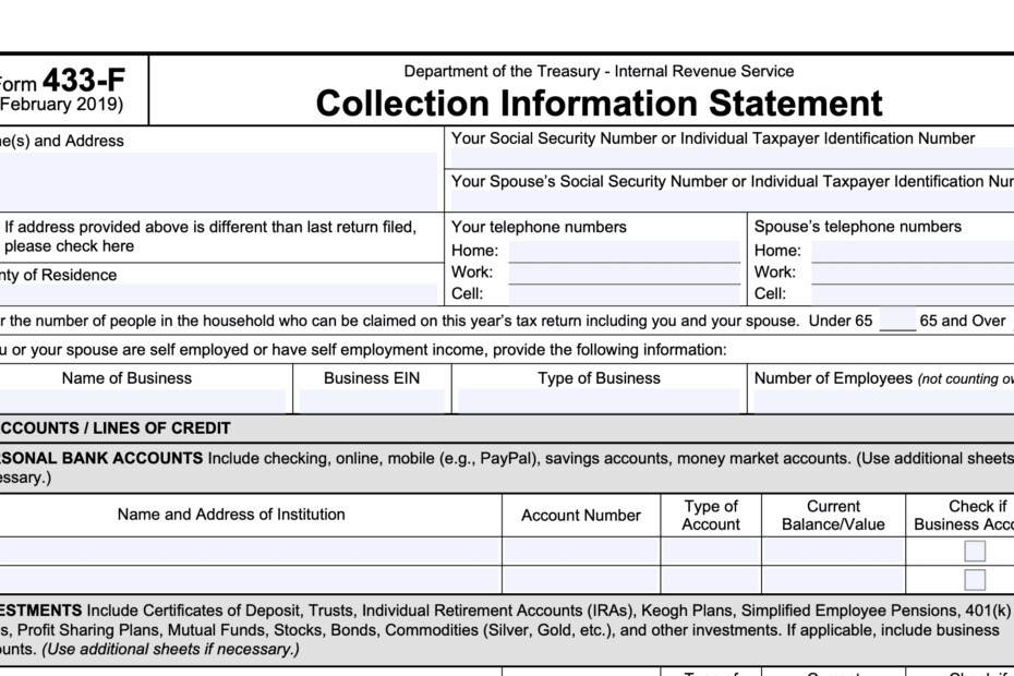 IRS Form 433 F Instructions The Collection Information Statement
