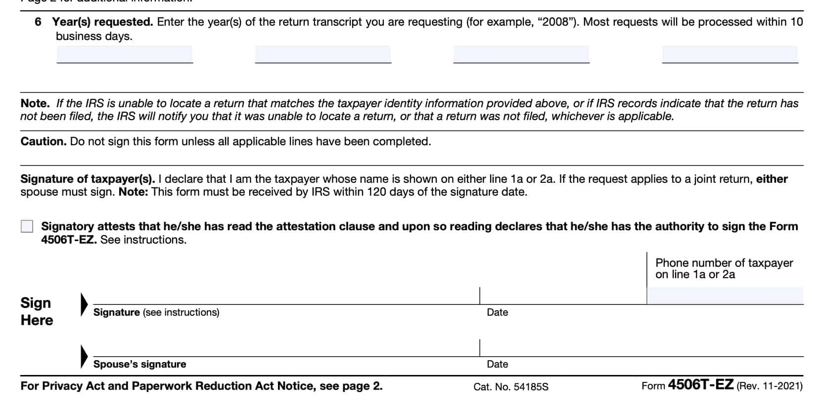 IRS Form 4506 T EZ Instructions