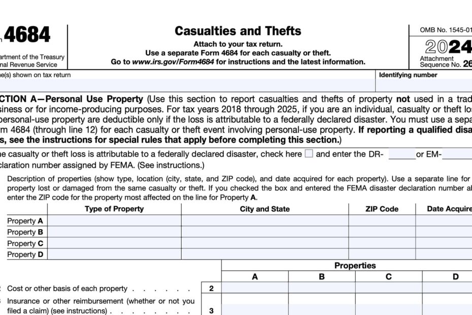 IRS Form 4684 Instructions Deducting Casualty U0026 Theft Losses
